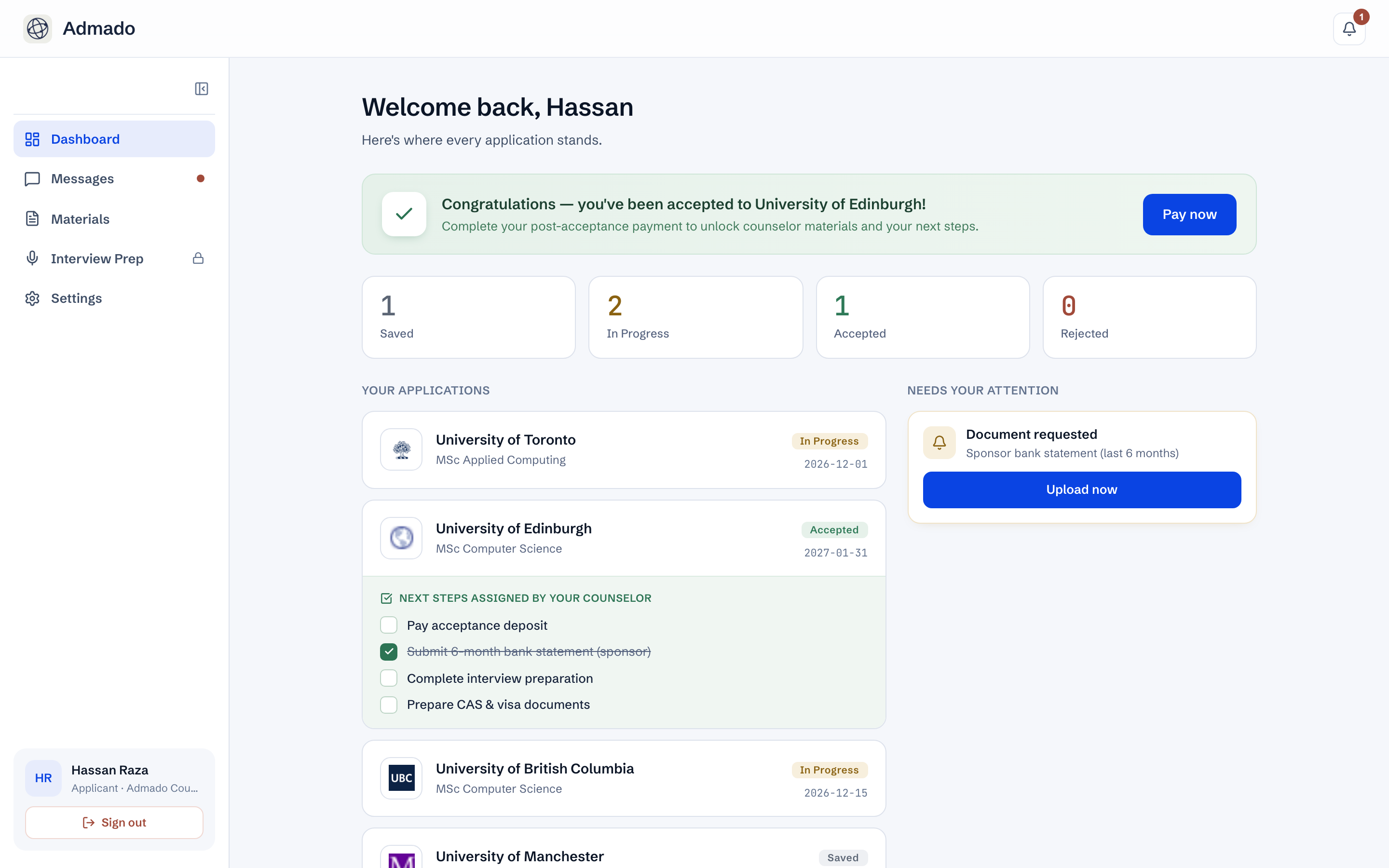 What the student sees — every application, updated live