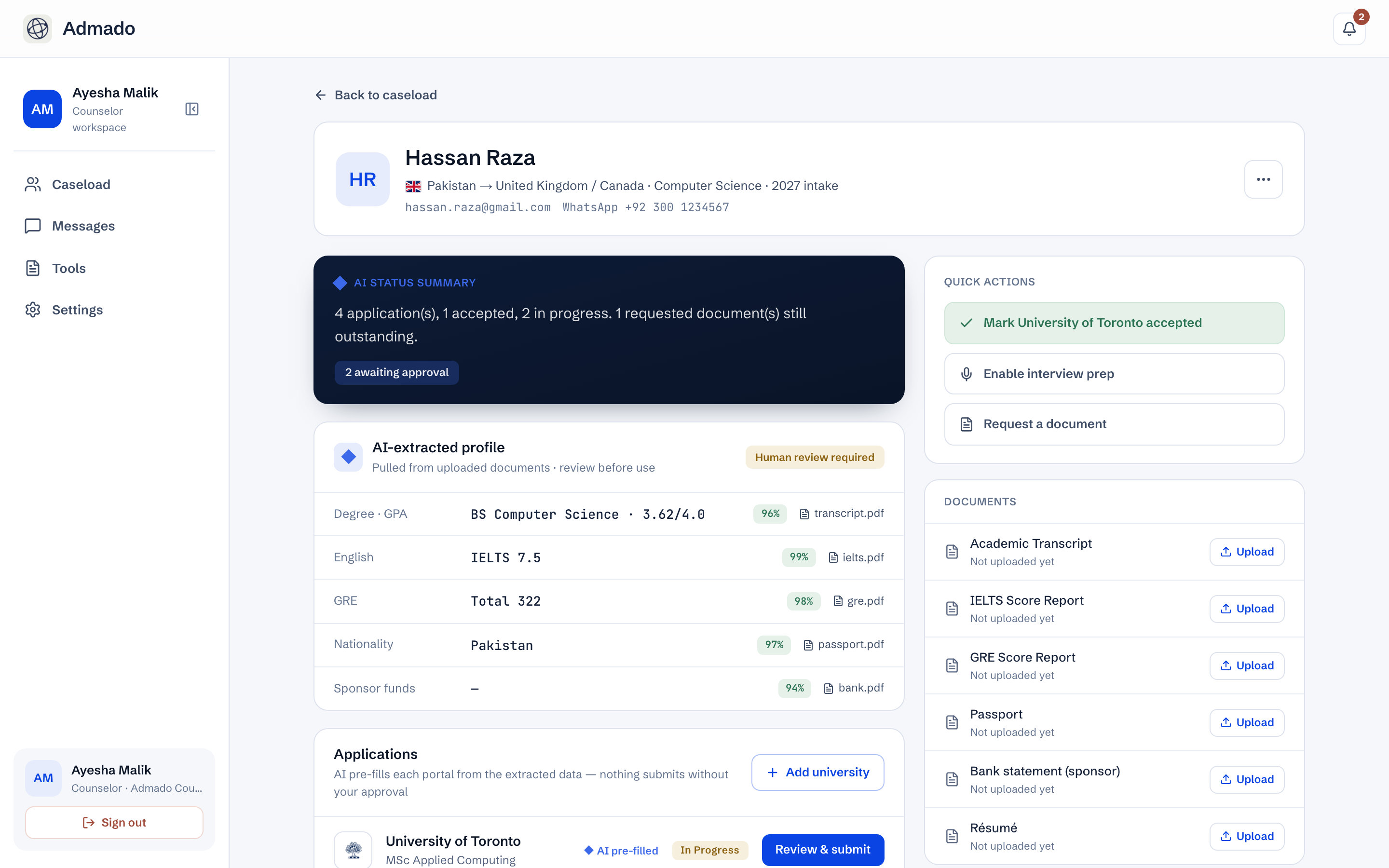 The AI reads the documents, fills the profile and flags mistakes for review